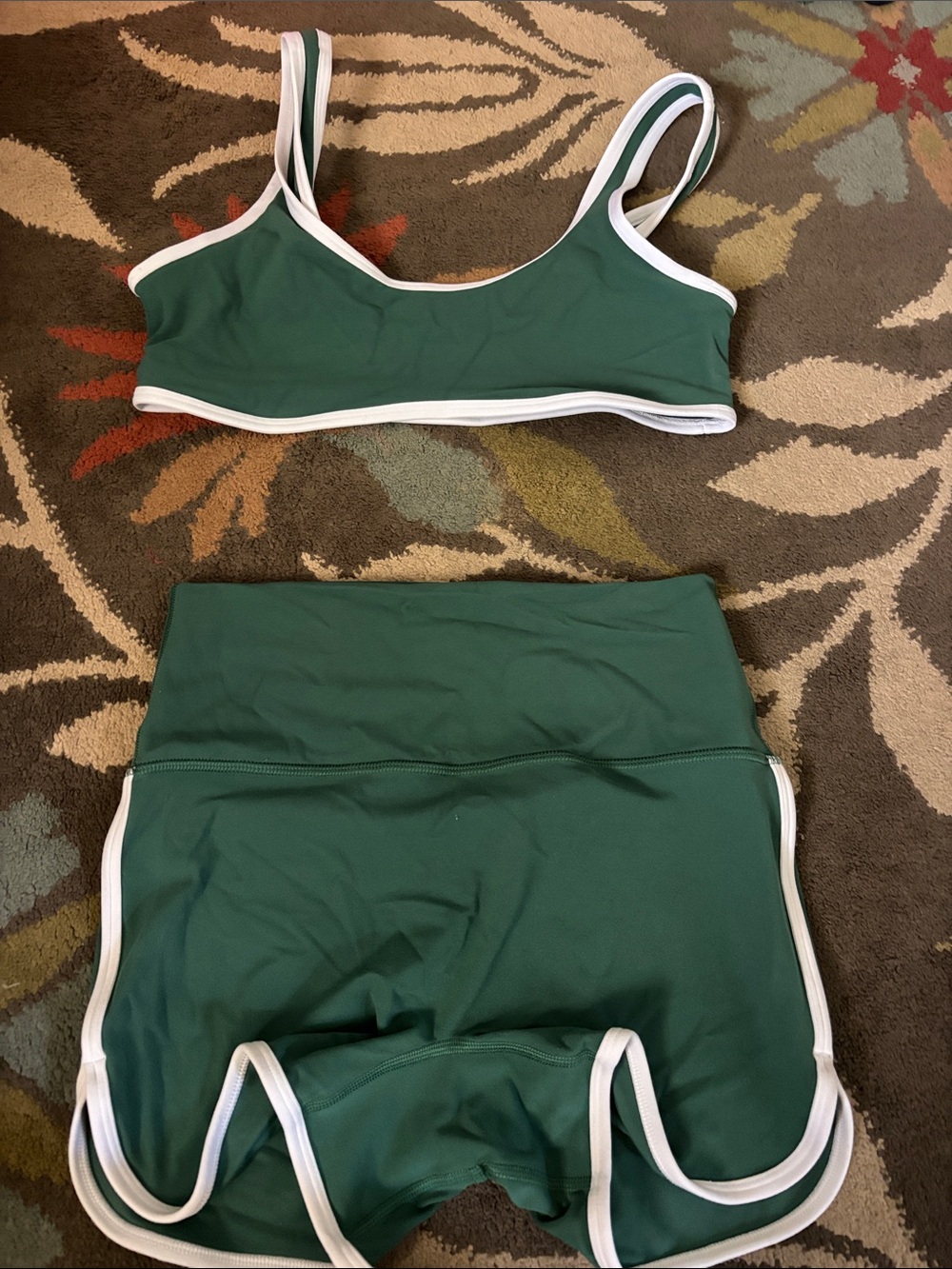 Green Two-Piece Athletic short and sports bra  Set with White Trim